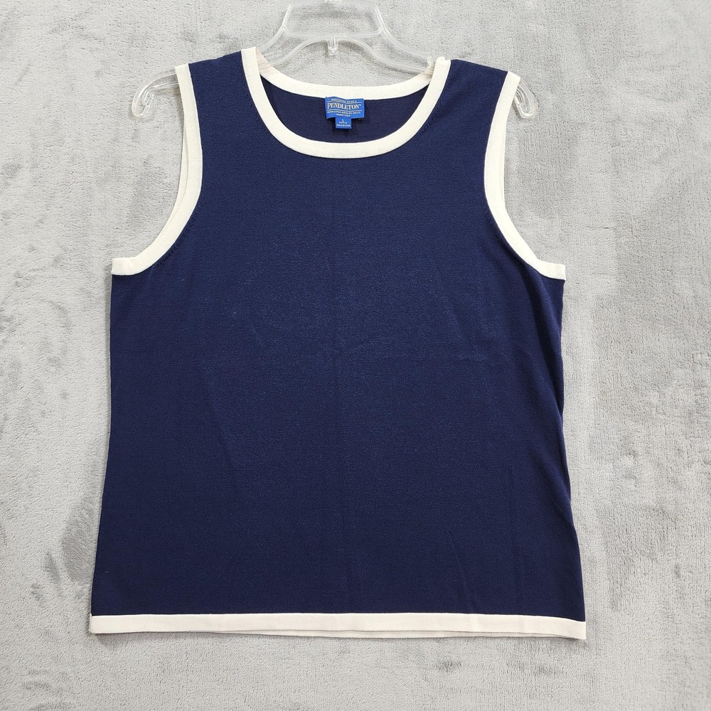 Pendleton Top Womens PL Blue Silk Blend Knit Contrast Ringer Sleeveless Casual